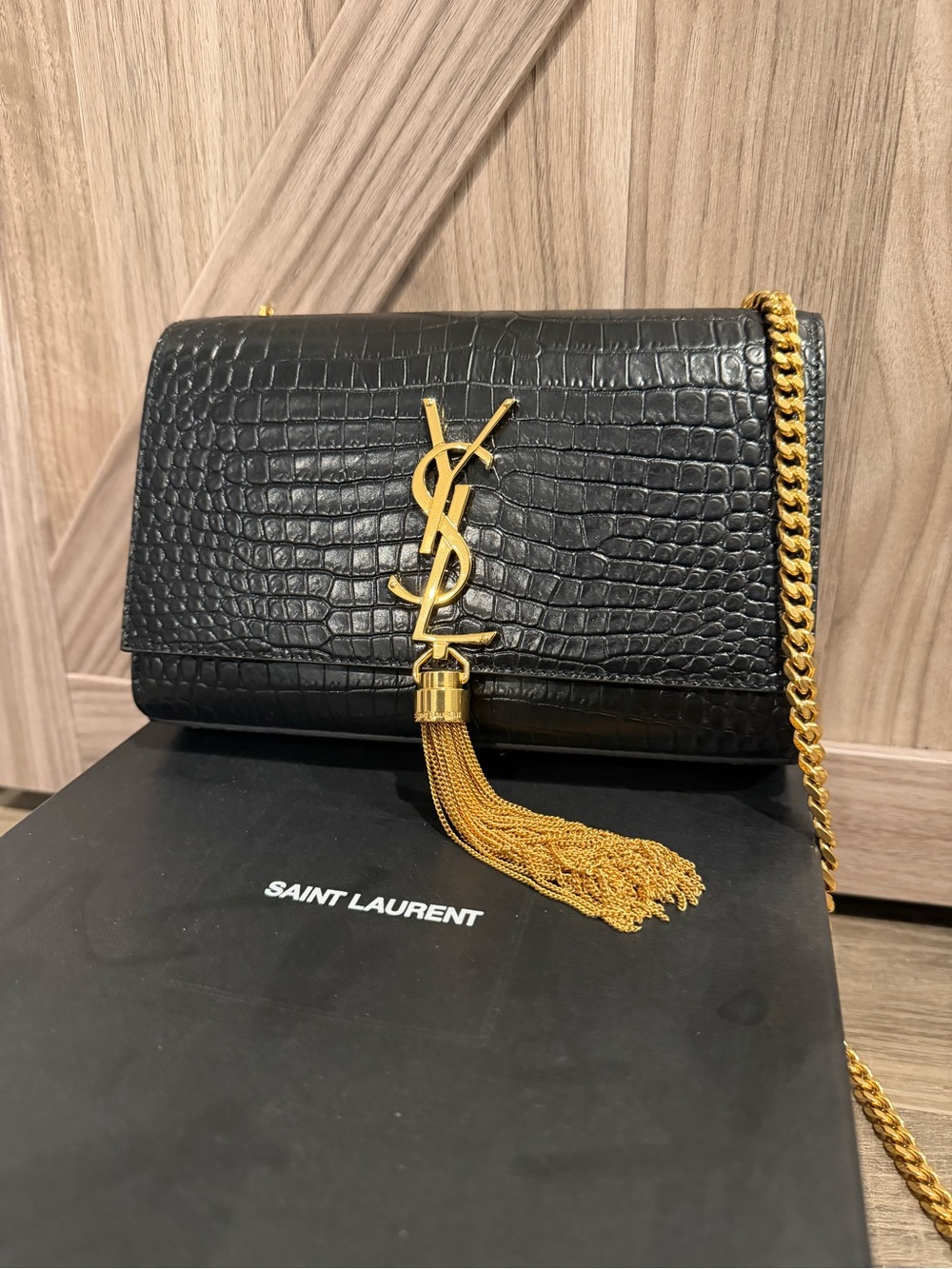 Saint Laurent Black Croc-Embossed Crossbody with Gold YSL Tassel